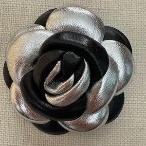 Camellia Flower Silver and Black Two-tone Lamb Leather Brooch